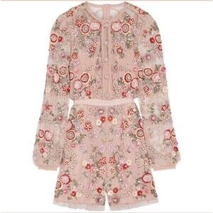 Needle & Thread Meadow Embellished Tulle Playsuit Floral Pink Beaded Romper Sz 6